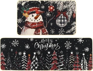 Snowman Christmas Trees Snowflake Kitchen Mats Set of 2, Black - Picture 1 of 7