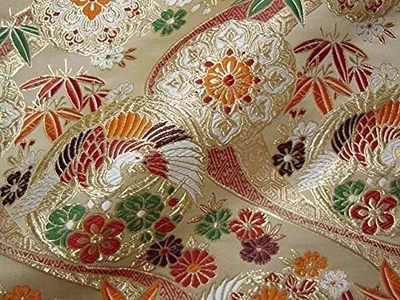 Kyoto Nishijin Gold Brocade Kimono Obi Fabric 28x20in   Phoenix Plum - Image 1 of 3