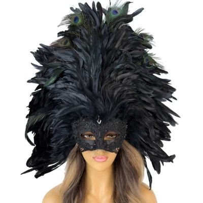 Venetian Masquerade Mask Top Black Feather Carnival Mardi Gras Baroque Mask - Image 1 of 4