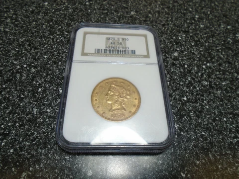 1879 S $10 Gold Coin, NGC AU 58 Cover