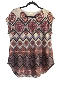 GINGER G Knit Short Cap Sleeve Shirt Top Sweater Beige w/ Aztec Print Women's L - Picture 1 of 9