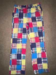 VTG MENS 34 X 30 INDIA BLEEDING MADRAS PLAID PRINT PATCHWORK GOLF LOUD PANTS - Picture 1 of 9