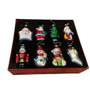 6 Glass Christmas Ornaments in Red Box Santa Snowman Stocking Tree Nutcracker
