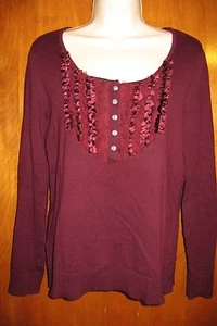 CHAPS Medium HENLEY SWEATER (maroon w/ ruffles; lightweight) perfect - Picture 1 of 1