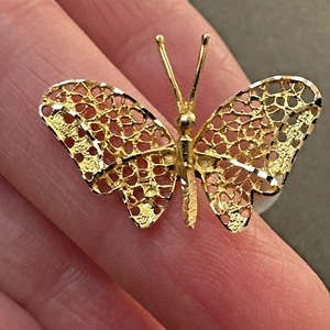14ct 14k Yellow Gold Butterfly Pendant 14ct Lace Effect With Bright Cut Detail - Picture 1 of 11