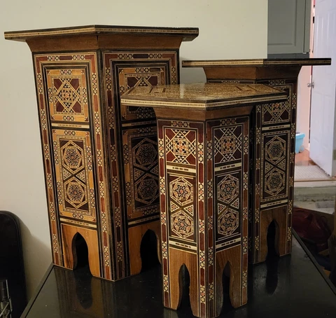 Vintage Side End Tables 3-Piece Moroccan Wood Mother of Pearl Inlay Cover