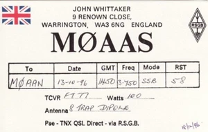 Amateurfunk QSL-Karte M0AAS Whittaker Warrington 1996 MØAAS Union Flag - Bild 1 von 1