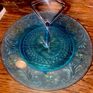 A Tiara Exclusive Light blue Tea Sandwich Plate Flower Pattern One Tier Aqua - Picture 1 of 6