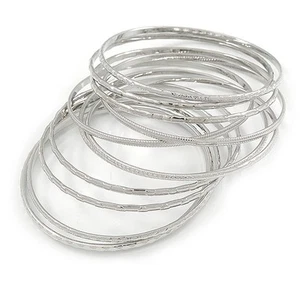 Rhodium Plated Slim Textured Bangle Set - 12 Pcs - Picture 1 of 6