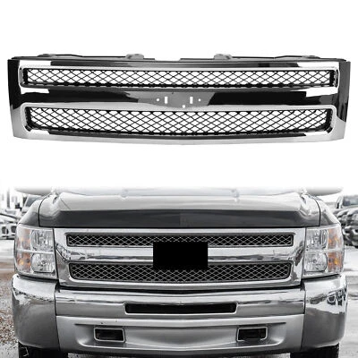 For Silverado 1500 2007-2013 Chrome Shell Front Grille w/Black Insert Trim Grill Foto 1 de 4