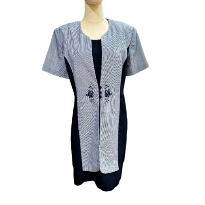 Miss Dorby Blue White Midi Dress 16P Tie Back Embroidered Grandma Nautical VTG - Image 1 of 4