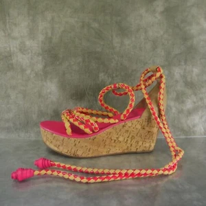 NWD Tory Burch Tie Up Pink/Tan Rope & Cork Petra Mid Wedge Wom 8.5 M $375 S1E1 - Picture 1 of 12
