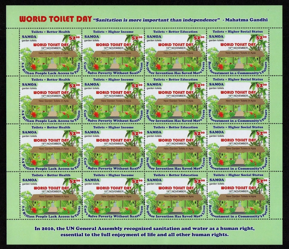 SAMOA, SCOTT # 1190, MNH SÁBANA COMPLETA - DÍA MUNDIAL DEL INODORO, INODOROS DE JARDÍN AÑO 2014 Foto 1 de 1