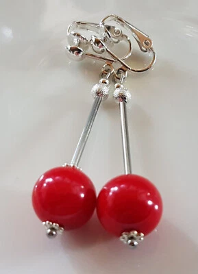 OHRCLIPS CLIPS VERSILBERT 12 mm ROTE  PERLEN - Bild 1 von 2