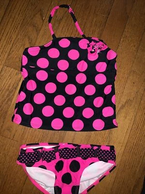 OP Ocean Pacific HOT PINK & BLACK Polka Dot Bikini Tankini Girl 6 6X S ❤️tb11j14 - Image 1 of 4