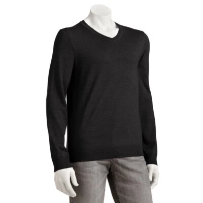 Classic Fit V-Neck Sweater Long Sleeves Merino Wool Blend Charcoal M L XL 2XL - Image 1 of 3