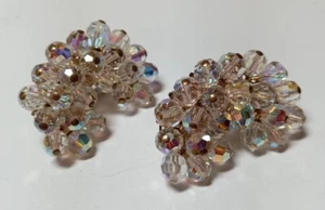 Vintage Alice Caviness Crystal Bead Cluster Earrings Clip On Aurora Borealis - Picture 1 of 2