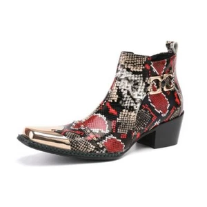 Hommes Cuir Véritable Bottines,Texture de Python,Hommes Bottes,Tête carrée,Rouge - Foto 1 di 8
