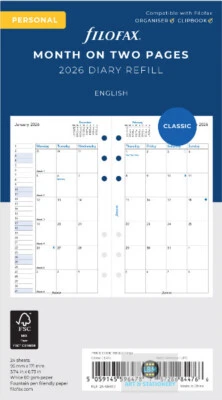 Filofax 2026 Personal Diary - Month On Two Pages Classic Refill 68410