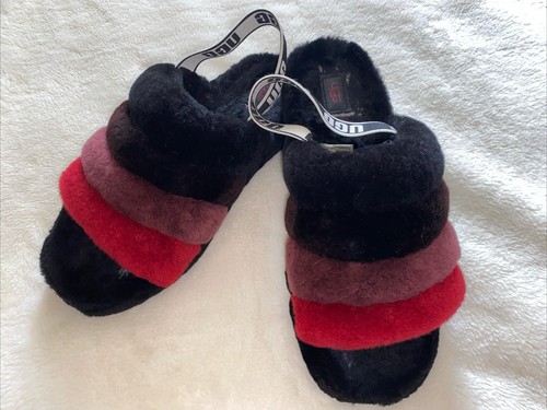 Scarpe pantofole da donna Ugg Fluff Yeah Slides nere rosso ombra cinturino con logo taglia 10