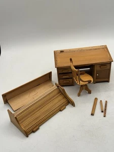 Vintage Wooden Roll Top Desk & Chair Dollhouse Miniature Furniture 1:12 Scale - Picture 1 of 11