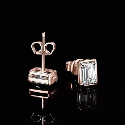 2Ct Emerald Cut Lab-Created Diamond Women's Stud Earrings 14K Rose Gold Finish - Image 1 of 4