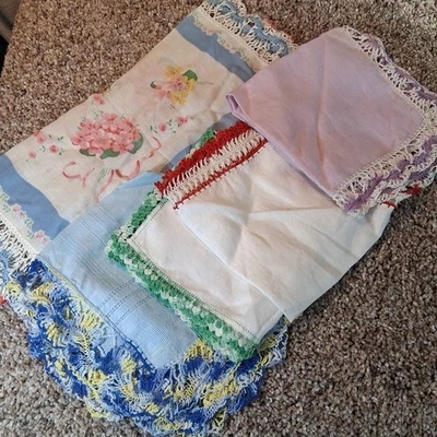 Lote de 5 pañuelos vintage para mujer y mujer pañuelos encaje ganchillo bordes Foto 1 de 4
