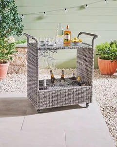 Belavi Rattan Style Bar Cart – Patio Drinks Trolley with Storage & Wheels - Grey - Picture 1 of 1
