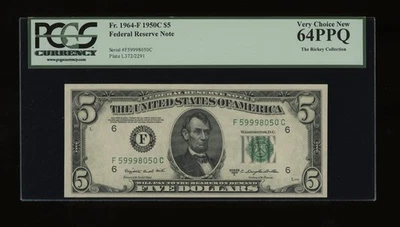 DBR 1950-C $5 FRN Atlanta Fr. 1964-F PCGS 64 PPQ Serial F59998050C - Image 1 of 2