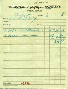 Wheatland Lumber Company Harlowton Montana 1948 Ricevuta - Foto 1 di 2