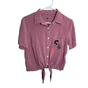 Disney Parks Mulan Blouse Women's XS Pink Button Up Shirt Short Sleeve Tie Top - Picture 1 of 9