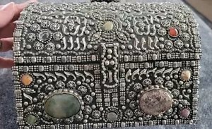 Große marokkanische Hochzeit versilberter Schmuck eingelegt Halbedelsteine Schmuck Box - Bild 1 von 10