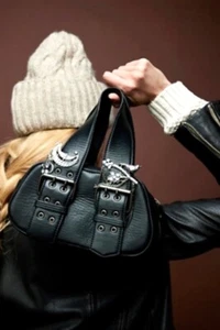 Free People Say Yes Bag Tote Handbag Small Oval Black Leather Buckles Zipper NEW - Picture 1 of 9