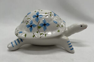 Hand Painted Portugal Ceramic Turtle Trinket Box Blue Green and White