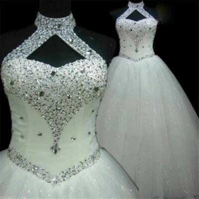 Halter Neck Wedding Dresses Bling Beaded White Ivory A Line Bridal Ball Gowns - Image 1 of 4