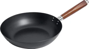 Wok Pfanne 30 cm Ø Eingebrannt Carbon Stahl flacher Boden Gas Induktion Ceran El - Bild 1 von 4