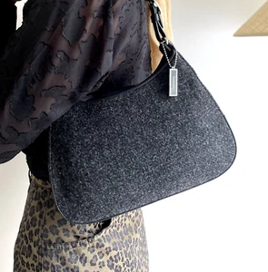 Authentic Vintage Coach Hobo Dark Grey Wool & Leather Handbag - Picture 1 of 12