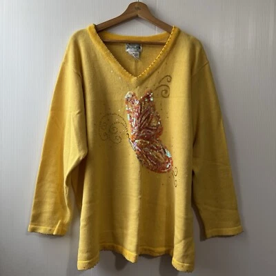 Quacker Factory Yellow V Neck Butterfly Embellished Long Sleeve Sweater Sz 2X - Image 1 of 4