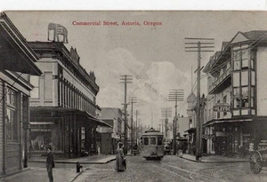 Commercial Street Trolley Car Drug Store Leyde Hotel in Astoria OR 1909 - Picture 1 of 1