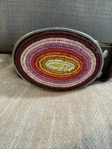 Vintage Beaded  Buckle & Leather Belt Native American Pink Purple Orange Yellow - Picture 1 of 10