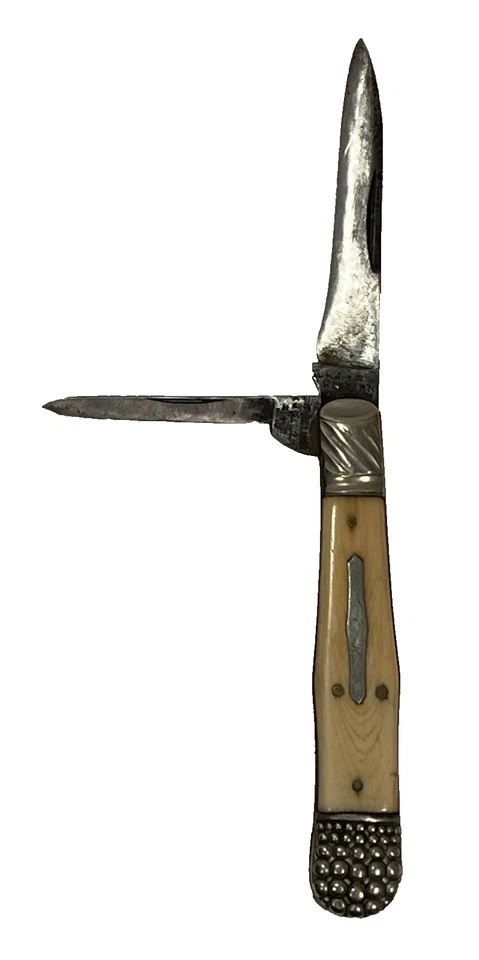 FACA DE BOLSO ANTIGA 1920 ESTADOS OCIDENTAIS FANTASIA NÍQUEL PRATA E CABO DE OSSO - Imagem 1 de 4