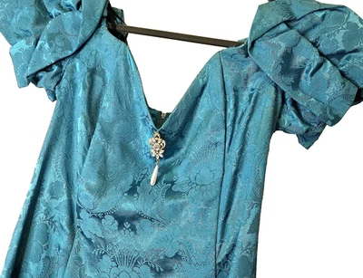 Vestido Formal De Colección Años 80 Jessica McClintock Talla 12 Jacquard Verde Azulado Sirena Noche Hada Foto 1 de 4