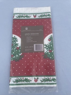 Vtg NIP American Greetings Christmas Trees Hearts Plastic TableCover 54”x96” USA - Image 1 of 4