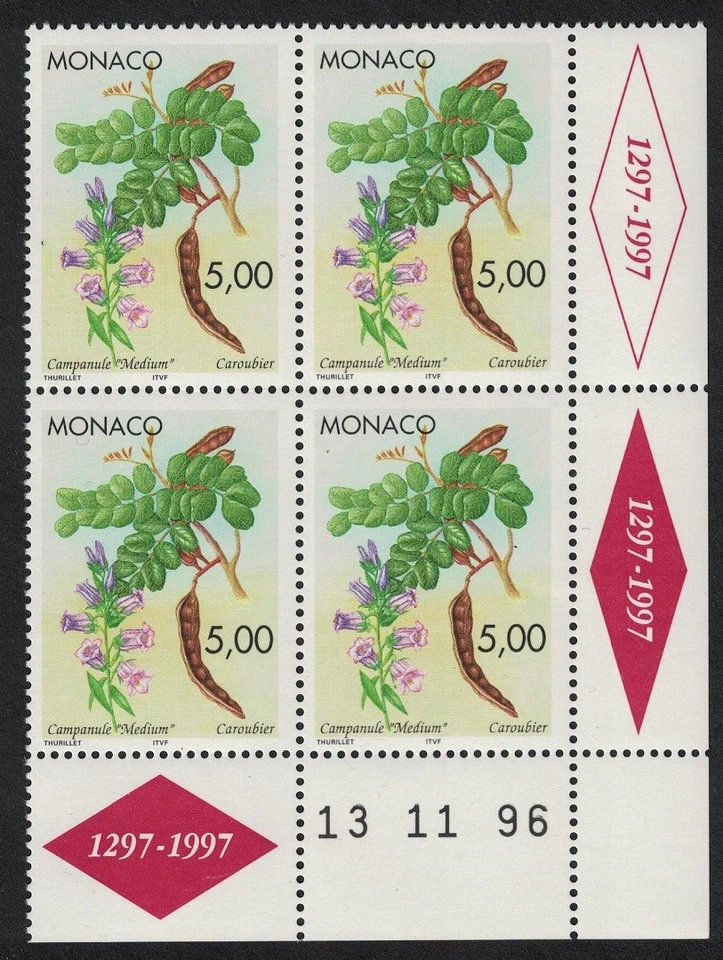 Giant Bellflower and Carob Pods Corner Block of 4 Date Monaco 1996 MNH - image 1 of 1