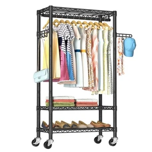 Heavy Duty Clothes Rack Rolling Garment Rack,3 Tier Adjustable Wire Shelving ... - Picture 1 of 9