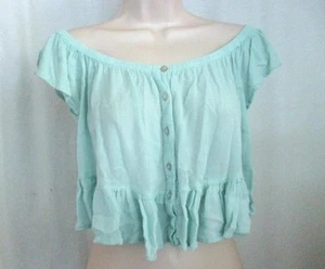 Women Size S Charlotte Russe Crop Top Light Green Viscose Ruffles Button Front - Picture 1 of 4