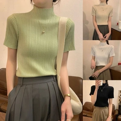 Womens Casual Wear Trendy Short Sleeve Top with a Stylish Turtleneck Design - Image 1 of 4