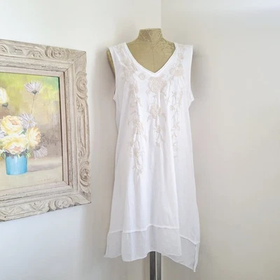 Johnny Was White Cotton Boho Embroidered Women's Tank Tunic Dress Size Large NWT - Image 1 of 4