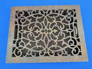 C.1880 Ornate Iron Floor Grate, Vent Louvers OPEN Easily, 13.75 x 10.75" - Picture 1 of 17