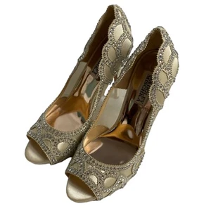 Badgley Mischka Witney Heel Ivory Satin Peep Toe Crystal Embellished Fairy Sz 8 - Picture 1 of 11